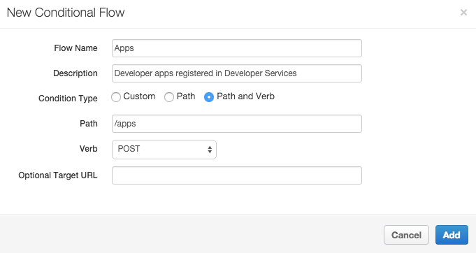 在「New Conditional Flow」(新增條件流程) 窗格中，名為「Apps」的流程已設定說明「Developer apps registered in Developer Services」(在開發人員服務中註冊的開發人員應用程式)。