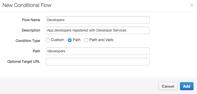 En el panel Flujo condicional nuevo, se configura un flujo llamado Desarrolladores que tiene la descripción “Desarrolladores de app registrados con Servicios para desarrolladores”.