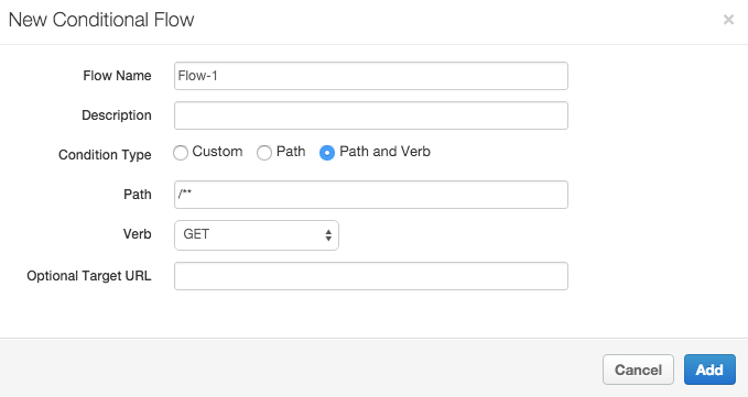 Dans le volet &quot;New Conditional Flow&quot;, le flux est nommé &quot;Flow-1&quot;, et le type de condition, le chemin et le verbe sont configurés.