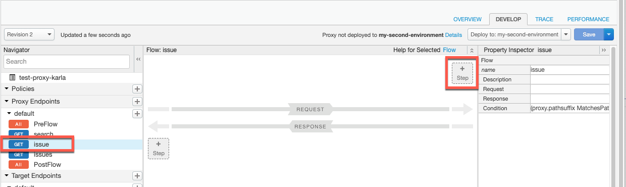 In the Navigator menu, an example conditional flow named issue is highlighted, and
    in the Flow pane, the Step button is shown.