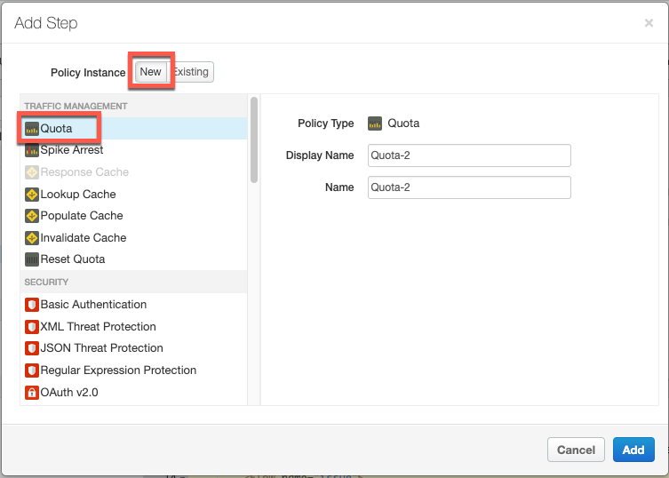 In the Add Step pane, a new policy instance is created with the policy type Quota and
    display name Quota-2.