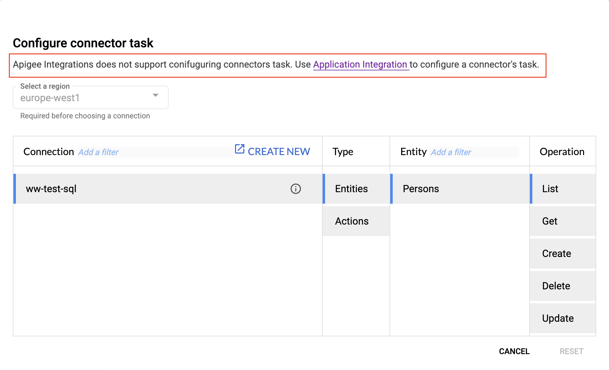 Link to Application Integration from the Configure Connectors task pane in Apigee Integration