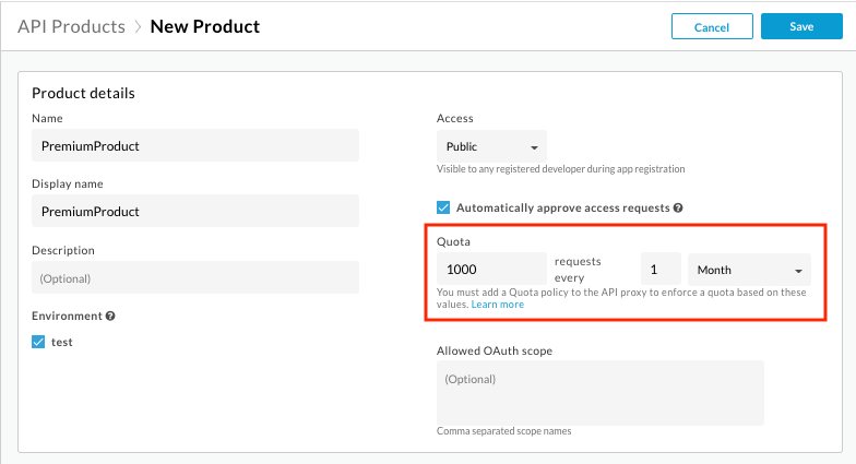 Informations détaillées sur le produit d'API montrant le champ "Quota" en surbrillance