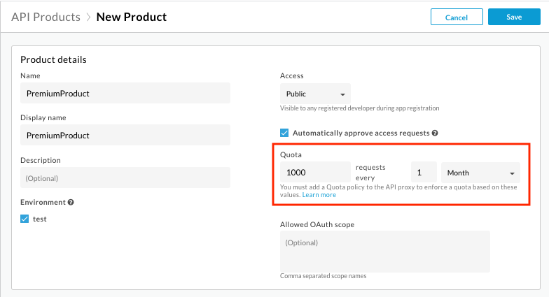 API product details showing Quota field highlighted