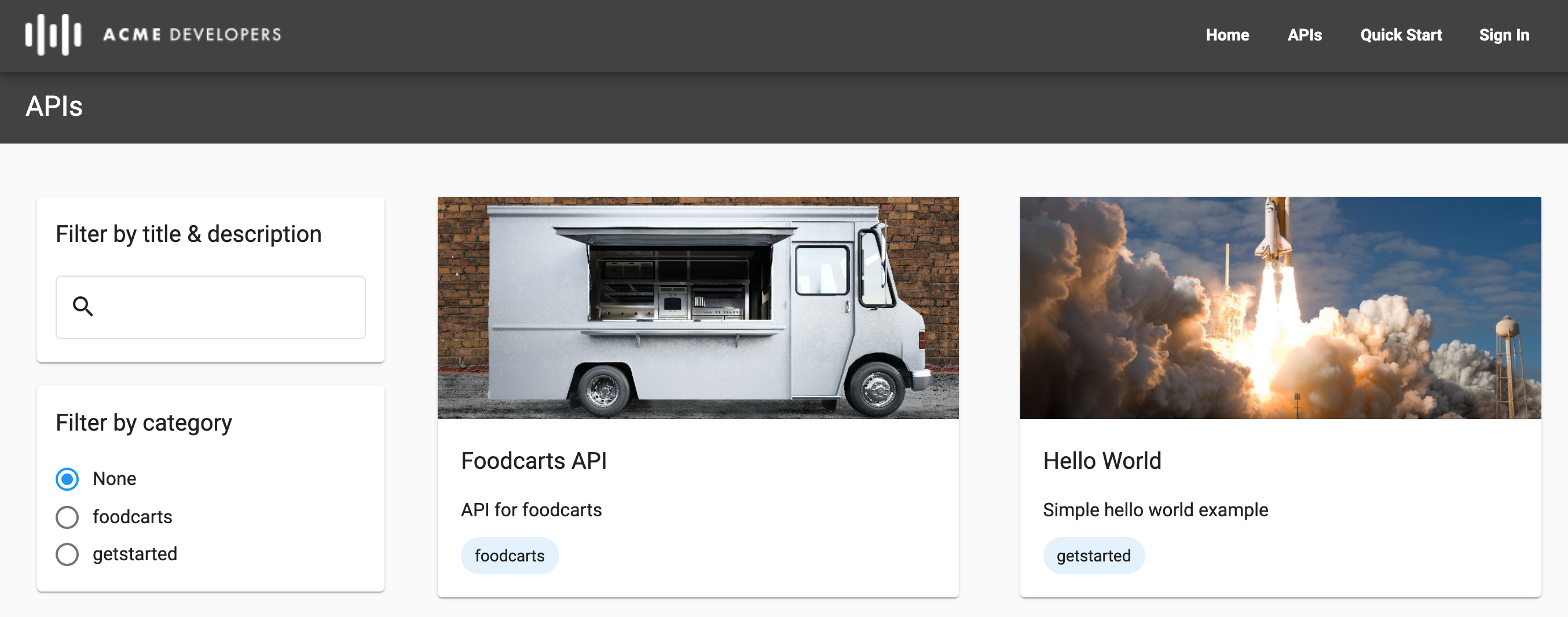 Pagina delle API nel portale live che mostra due categorie e l&#39;uso delle immagini