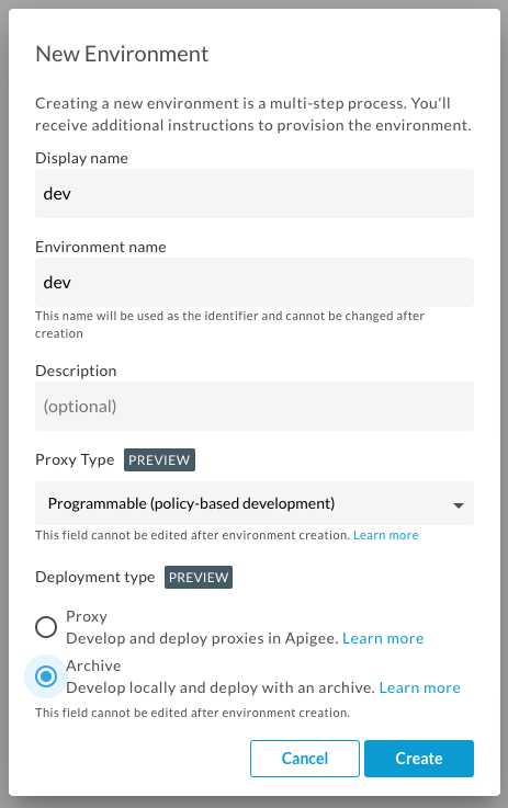 Boîte de dialogue "Nouvel environnement" affichant les paramètres du type de déploiement "Archiver"