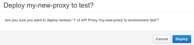 Bagian deployment detail proxy API dengan revisi 3 dipilih untuk lingkungan produksi.