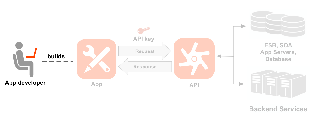 Un diagramma di sequenza da sinistra a destra che mostra uno sviluppatore, un&#39;app, le API
    e servizi di backend. L&#39;icona dello sviluppatore è evidenziata. Una linea tratteggiata indica lo sviluppatore evidenziato e un&#39;icona di un&#39;app creata dallo sviluppatore. Frecce da e
    Torna all&#39;app e mostra il flusso di richiesta e risposta a un&#39;icona API, con una chiave app posizionata
    al di sopra della richiesta. Sotto l&#39;icona dell&#39;API ci sono due set
    di percorsi di risorse raggruppati in due prodotti API: prodotto Location e prodotto Media.
    Il prodotto Location dispone di risorse per /countries, /cities e /languages, nonché per i media
    Il prodotto dispone di risorse per /books, /magazines e /movies. A destra dell&#39;API sono presenti
    risorse di backend chiamate dall&#39;API, tra cui un database, un bus di servizi aziendali,
    e un backend generico.