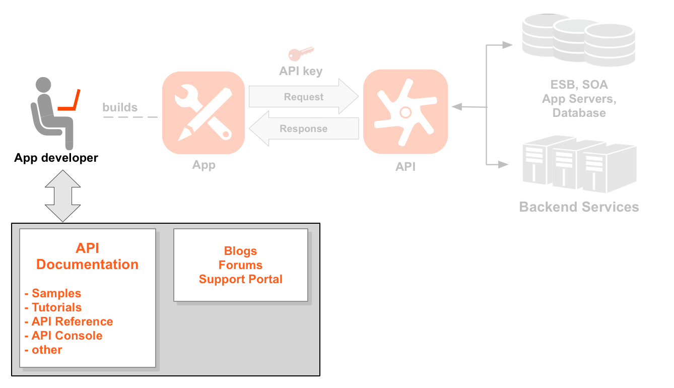 Un diagramma di sequenza da sinistra a destra che mostra uno sviluppatore, un&#39;app, API e servizi di backend. È evidenziata l&#39;icona sviluppatore. Sotto lo sviluppatore è presente un riquadro che
    rappresenta un portale per gli sviluppatori. Il portale contiene documentazione, esempi, tutorial,
    riferimenti API e altro per le API. Il portale contiene anche blog, forum e un portale di assistenza.
    Una linea tratteggiata punta dallo sviluppatore evidenziato all&#39;icona di un&#39;app creata
    dallo sviluppatore. Le frecce da e per tornare all&#39;app mostrano il flusso di richiesta e risposta verso un&#39;icona API, con una chiave app posizionata sopra la richiesta. Sotto l&#39;icona dell&#39;API ci sono due insiemi di percorsi delle risorse raggruppati in due prodotti API: Prodotto Location e Prodotto multimediale.
    Il prodotto Location dispone di risorse per /countries, /cities e /languages, mentre il prodotto Media
    offre risorse per /books, /magazines e /movies. A destra dell&#39;API sono indicate le risorse di backend chiamate dall&#39;API, tra cui un database, un bus di servizi aziendali, server di app e un backend generico.