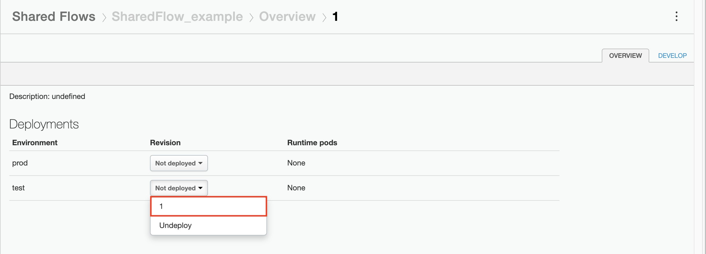 Le flux partagé "SharedFlow_Sample" est déployé dans l'environnement de test.