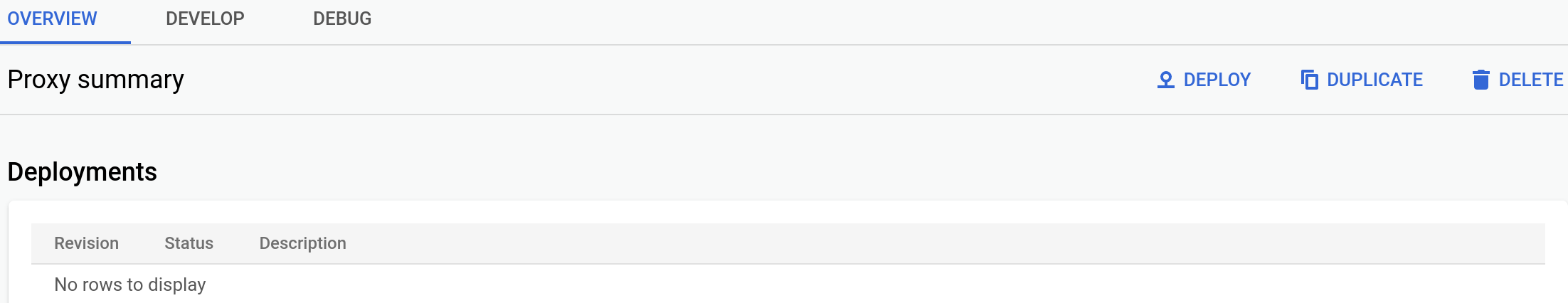 Detail proxy API termasuk status deployment per lingkungan, detail endpoint proxy, dan detail endpoint target.