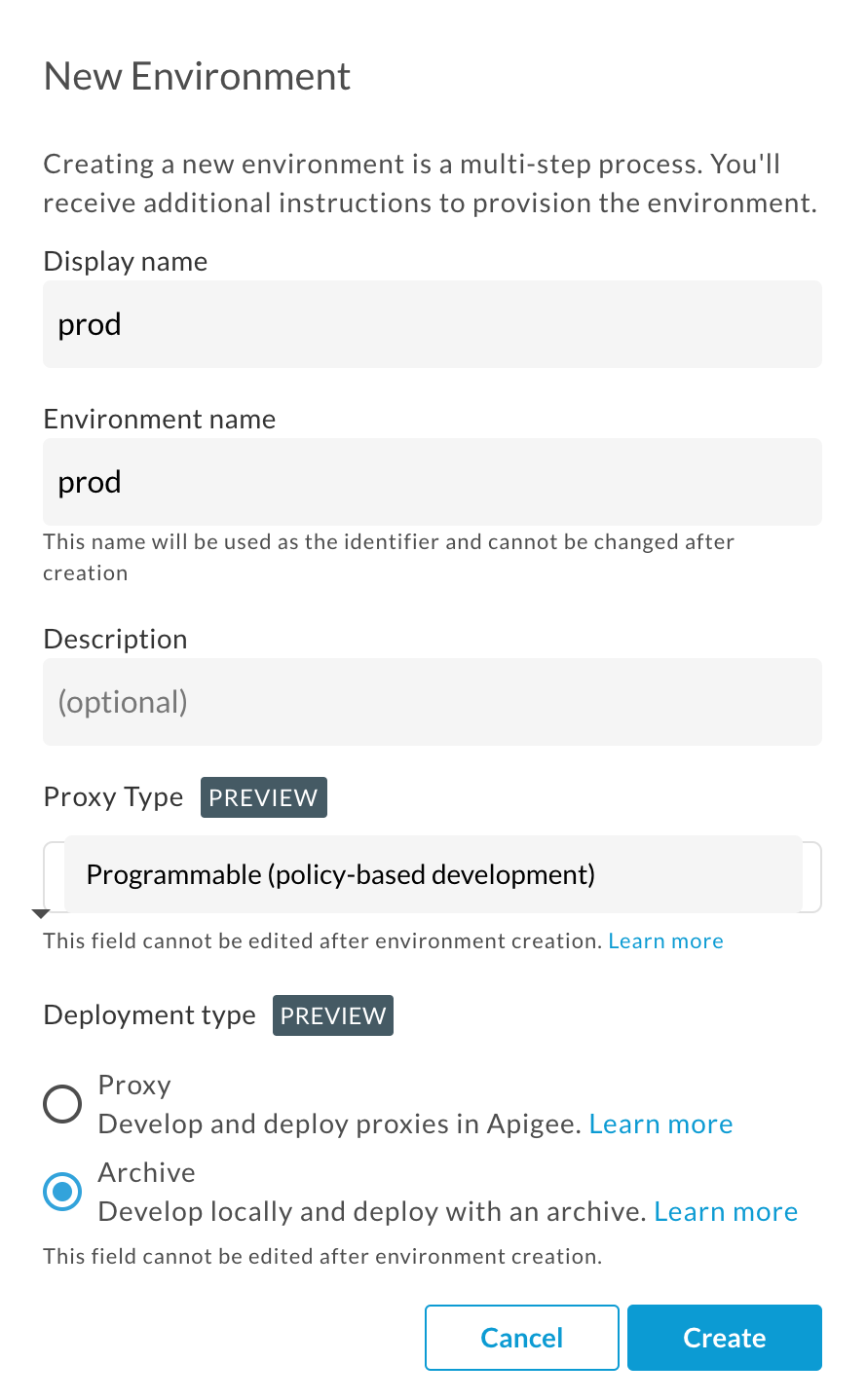 New environment dialog showing Archive deployment type settings