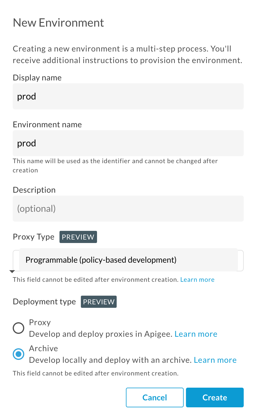 アーカイブ デプロイタイプの設定を示している新しい環境ダイアログ