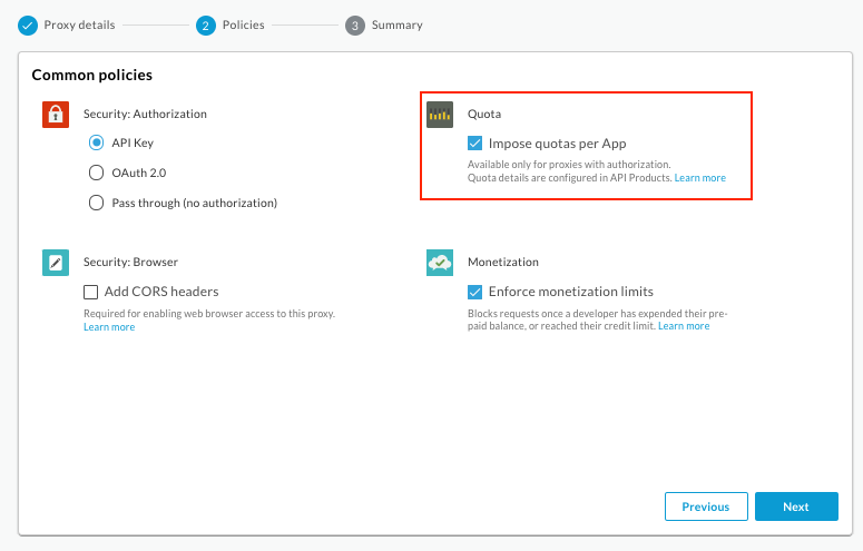 [Impose quotas per app] が選択された [Create proxy] ウィザードの [Common policies] ページ