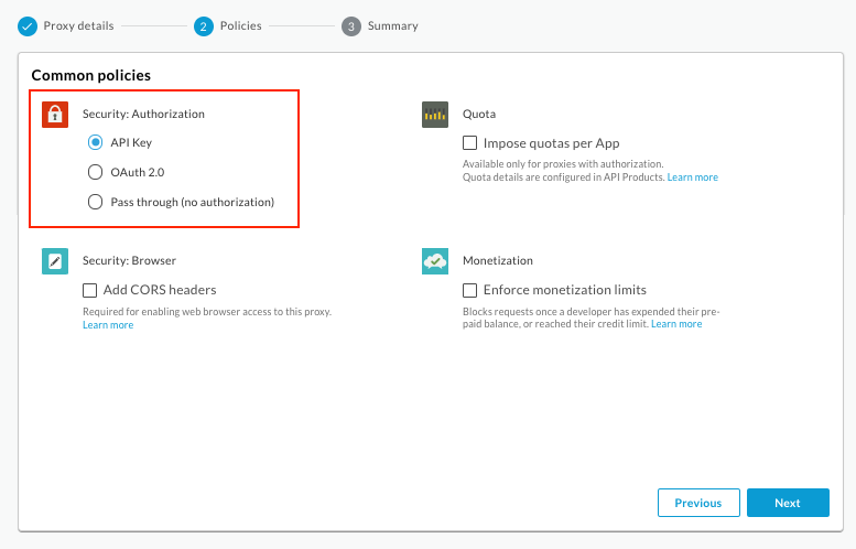 Page &quot;Règles courantes&quot; de l&#39;assistant de création de proxy avec l&#39;option &quot;API Key&quot; (Clé API) sélectionnée