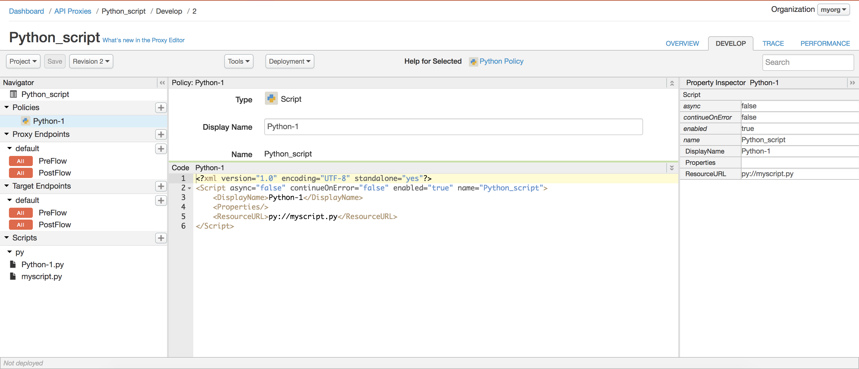 API Proxy Editor Navigation pane Scripts section.