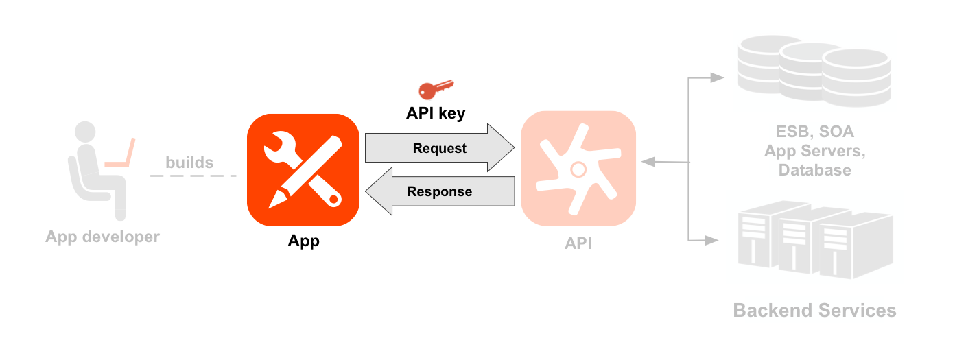 显示开发者、应用、API 和后端服务的从左到右的序列图。突出显示应用、请求/响应和 API 密钥箭头。虚线从开发者指向开发者已构建的应用的图标。从应用出发的箭头和指向应用的箭头表示到 API 图标的请求和响应流，请求上方显示应用密钥。突出显示 API 图标和资源。API 图标下是两组资源路径，分为两个 API 产品：位置产品和媒体产品。位置产品具有 /countries、/cities、/languages 资源，媒体产品具有 /books、/magazines、/movies 资源。API 的右侧是 API 调用的后端资源，包括数据库、企业服务总线、应用服务器和通用后端。