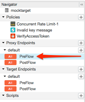 Selecione PreFlow para um endpoint listado em Endpoints Proxy.