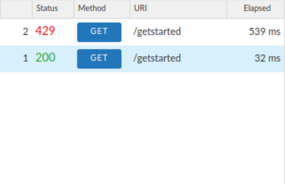 Sessione di debug nella UI di Apigee con una risposta 200 e una risposta 429.