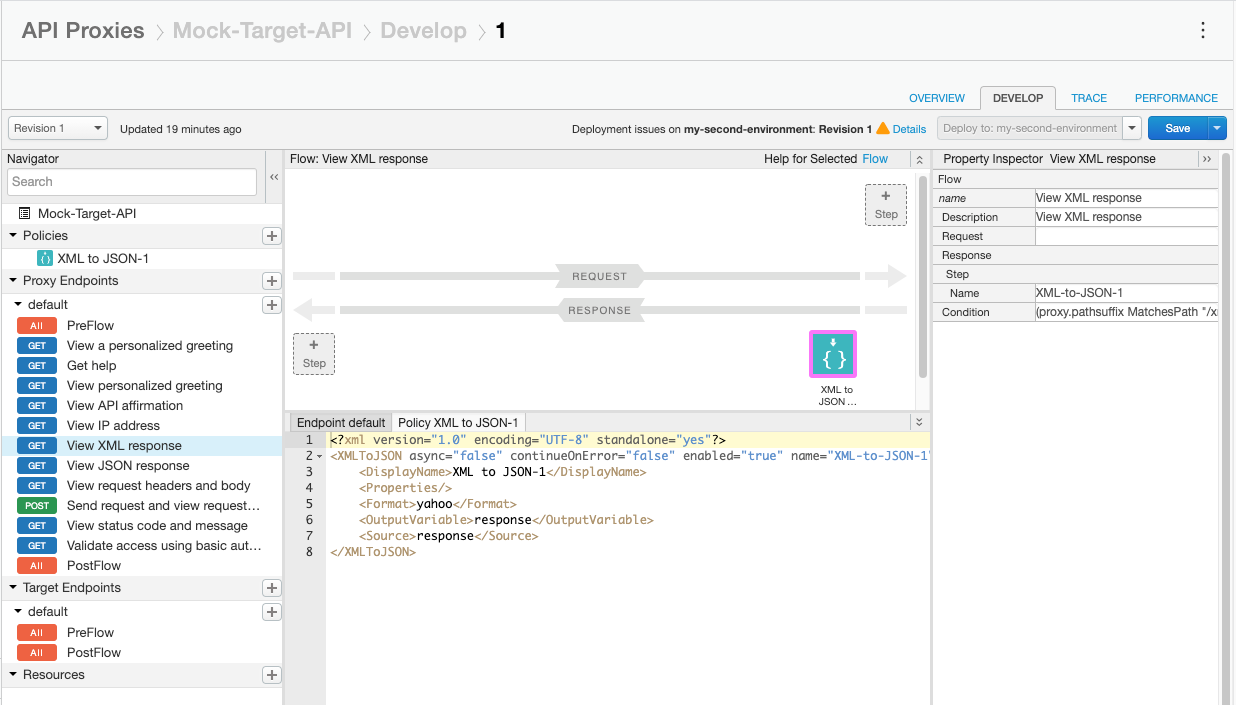 Política XML a JSON en el flujo