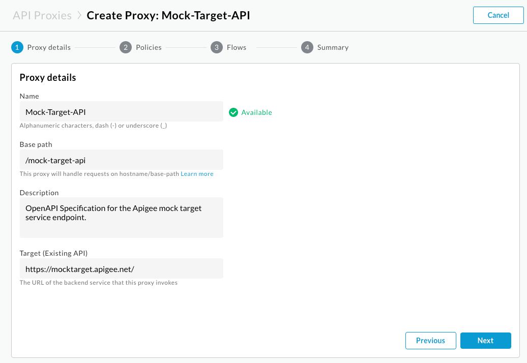 Page des détails du proxy de l&#39;assistant &quot;Créer un proxy&quot;, préremplie avec du contenu