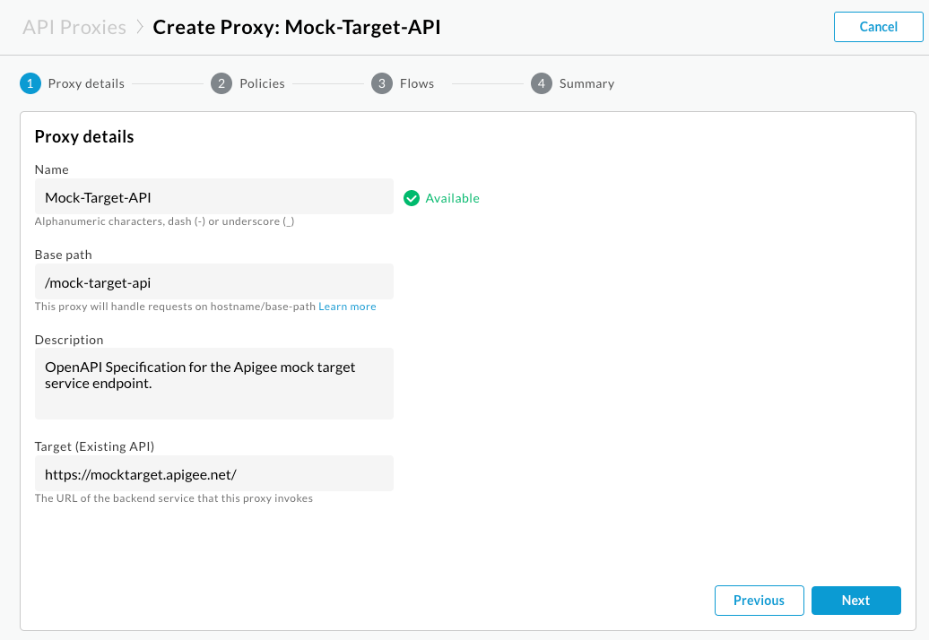 Grafik: Seite mit Proxy-Details im Assistenten zum Erstellen von Proxys, mit Inhalt vorausgefüllt