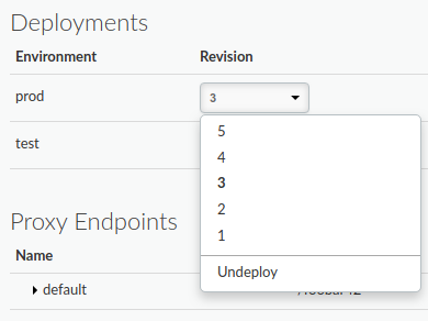 Deployments section of the API proxy details with
      the drop-down menu selected for the test environment.