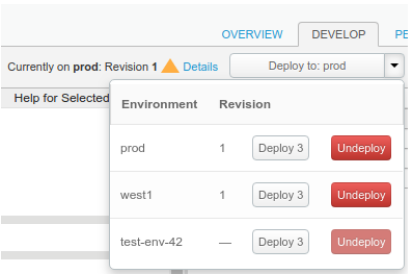 Deployment drop-down enabling you to deploy or undeploy the current revision to each environment