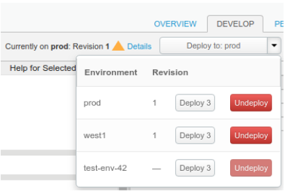 Menu a discesa di Deployment che consente di eseguire il deployment o il dis-deployment della revisione corrente in ogni ambiente