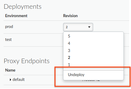 Drop-down revisi untuk lingkungan produksi yang menampilkan item Undeploy