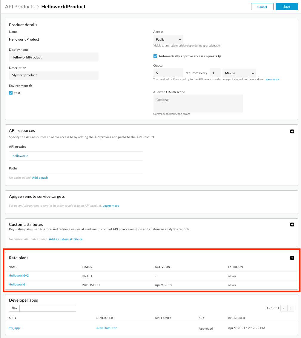 Page &quot;Produits d&#39;API&quot; avec la section &quot;Plans tarifaires&quot; en surbrillance