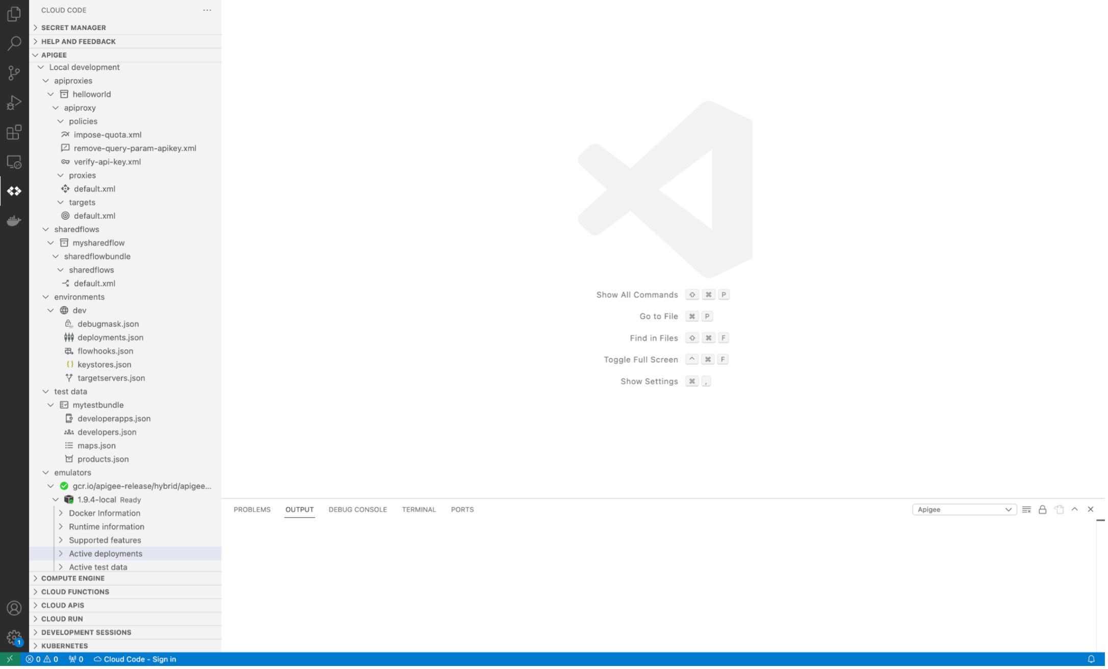 Apigee no Cloud Code mostrando o ícone na barra de atividades, no Apigee Explorer e no Apigee Emulator