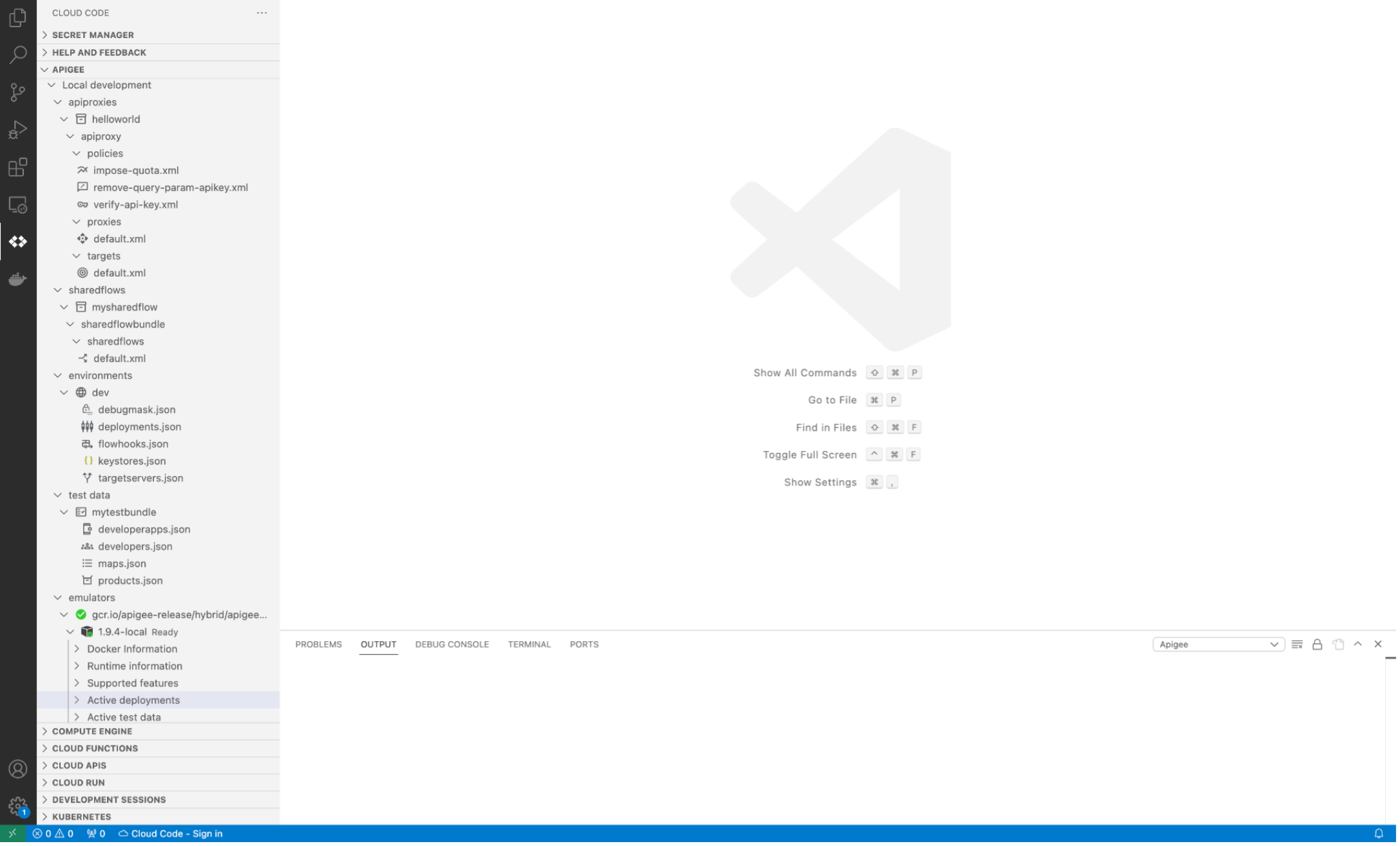 Apigee in Cloud Code che mostra l&#39;icona nella barra delle attività, la sezione Apigee e l&#39;emulatore Apigee