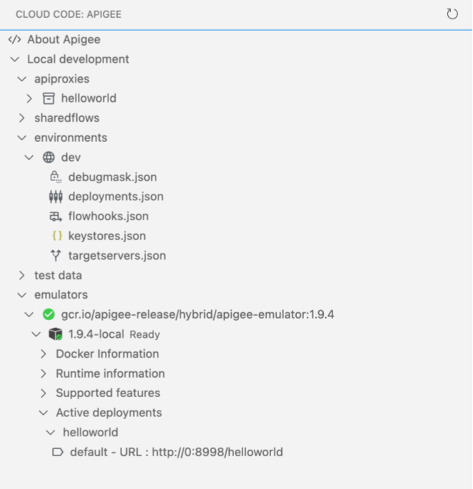 Emulator Apigee menunjukkan aplikasi helloworld yang di-deploy dan resource pengujian aktif