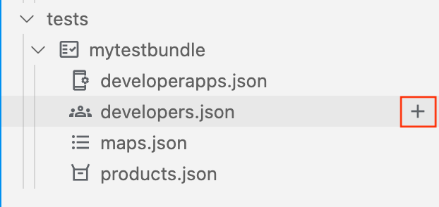 将光标放在 developers.json 上时显示 +。