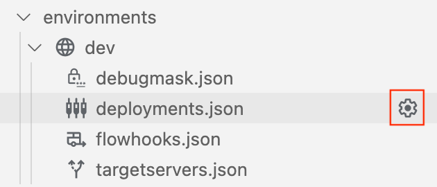 settings icon displays when you position the cursor over deployments.json folder