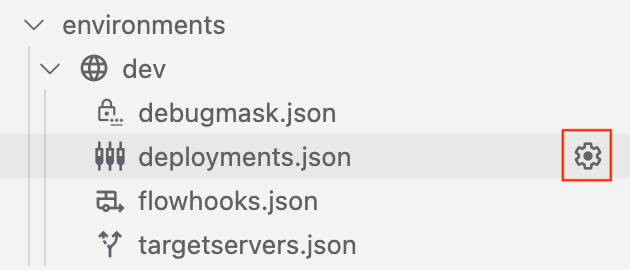 ikon setelan ditampilkan saat Anda mengarahkan kursor ke folder deployments.json