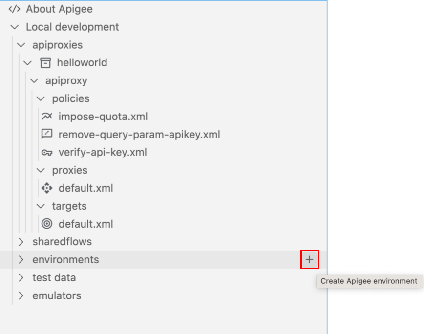 + displays when you position the cursor over environments folder