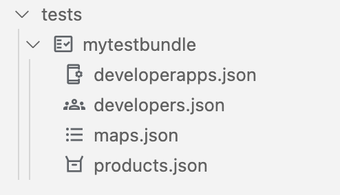 developerapps.json、developers.json、maps.json、products.json のファイルを含むテストフォルダ