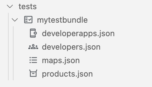 developerapps.json、developers.json、maps.json、products.json のファイルを含む tests フォルダ