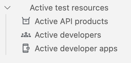 Active test resources including API products, developers, and developer apps