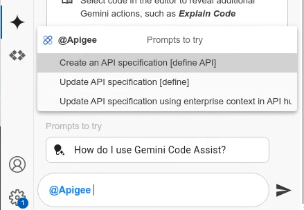 Cloud Code Gemini Code Assist 對話視窗，內含 Apigee 工具