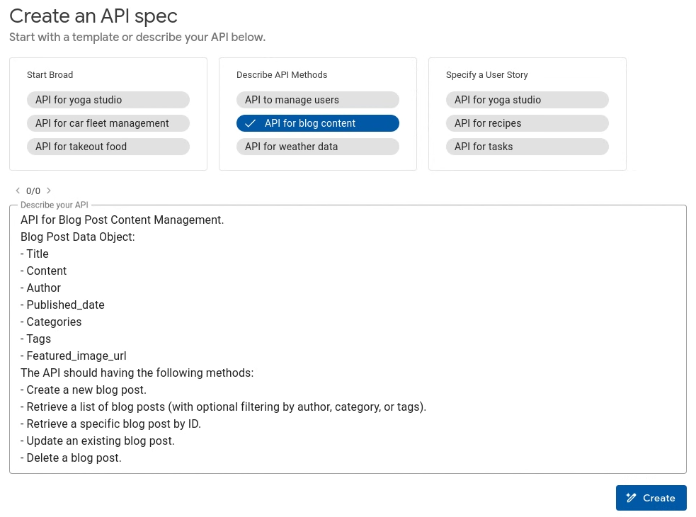 Cloud Code Gemini Code Assist-Formular zum Erstellen einer Spezifikation