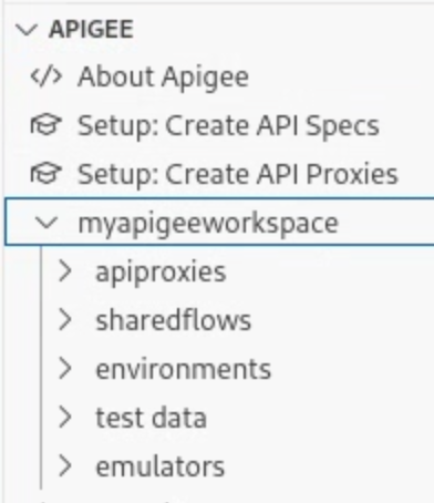 Apigee section showing Apigee workspace folders, including apiproxies, sharedflows, environments, and tests.