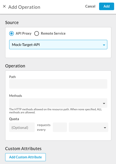 Agrega el proxy de API de Mock-Target-API en el cuadro de diálogo Agregar operación (Add Operation)