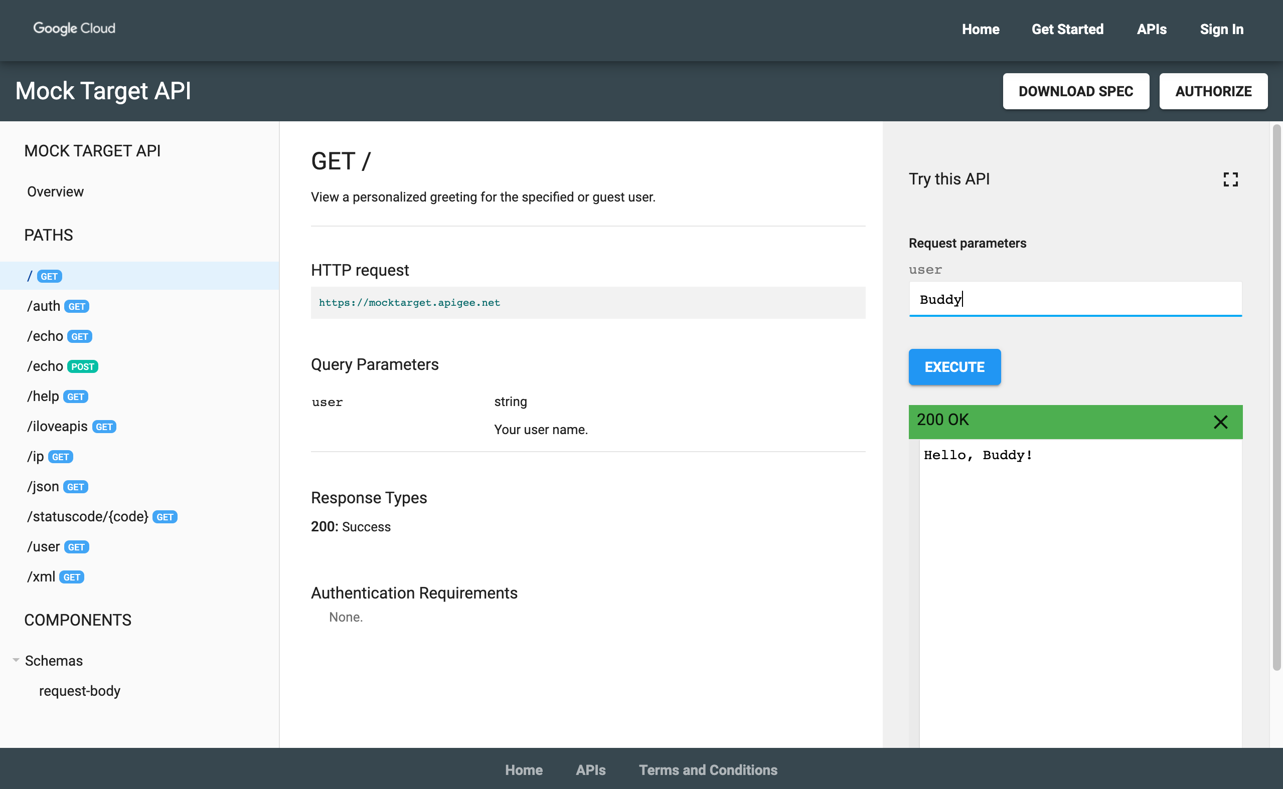 透過「Try this API」面板發布模擬目標 API