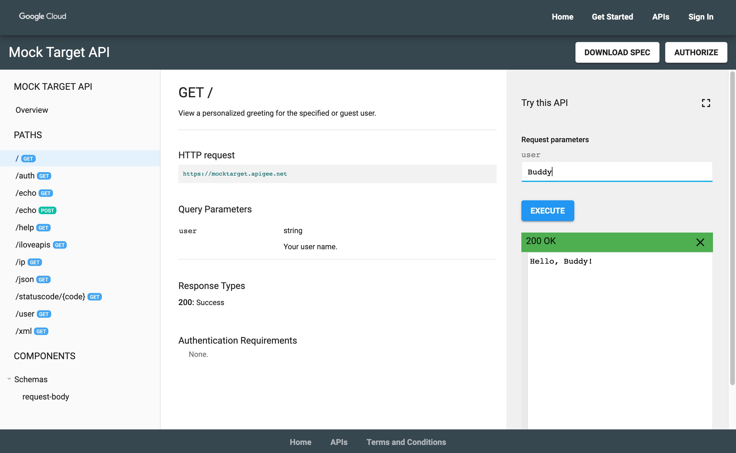 API de simulation cible avec le panneau "Essayer cette API"