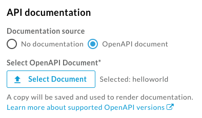 Section "Documentation de l'API" lors de l'ajout d'une API au portail