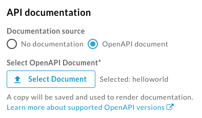 Grafik: Bereich „API-Dokumentation“ beim Hinzufügen einer API zum Portal