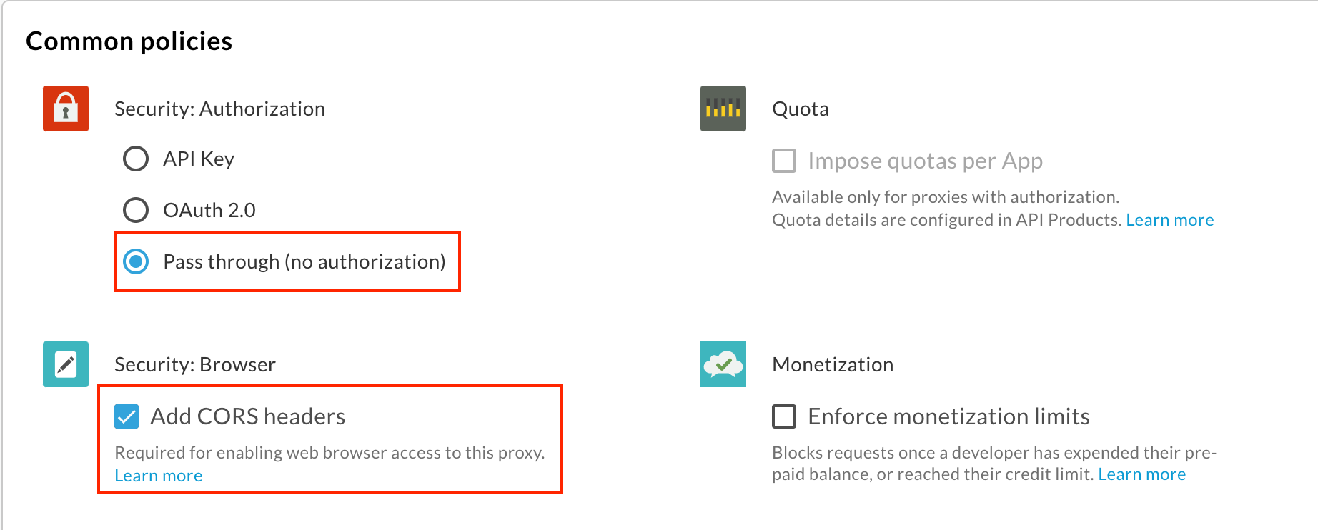 Pagina delle policy comuni della procedura guidata Crea proxy con le opzioni Pass through e Add CORS headers selezionate